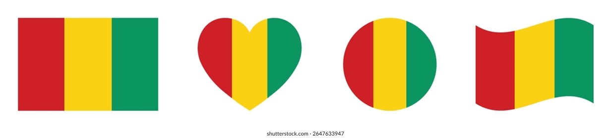 Guinea flags set in square, heart, circle and waving formats designs element. Guinea flags collection. Set of Guinea flags icons isolated on white background. Vector illustration.