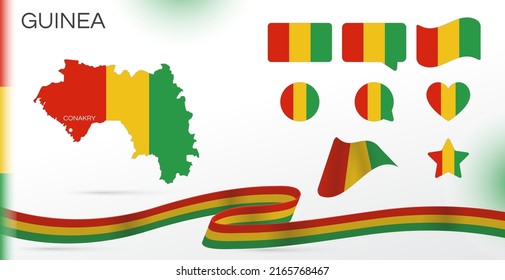 Guinea flags set. Various designs. Map and capital city. World flags. Vector set. Circle icon. Template for independence day. Collection of national symbols. Ribbon with colors of the flag. Africa