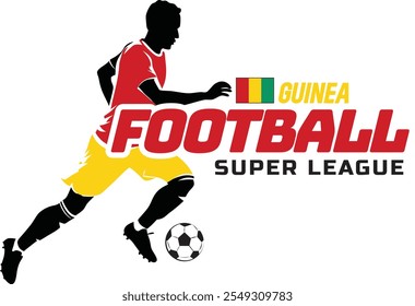 Liga de fútbol de Guinea, balón de fútbol, logotipo de fútbol, futbolista patea el balón aislado en el fondo blanco, Ilustración vectorial