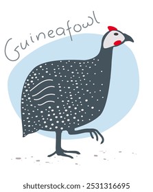 Pájaro de Guinea. Ilustración vectorial de dibujos animados con texto.