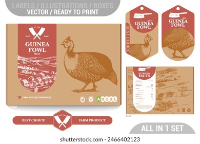 Guinea Fowl game meat packaging design set featuring detailed hand drawn illustrations, accents and informative labels. Perfect for farms, butchers, and supermarkets seeking a high-quality meat 