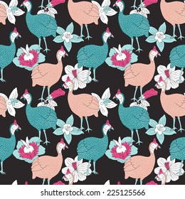 Guinea fowl seamless pattern. Vector illustration.