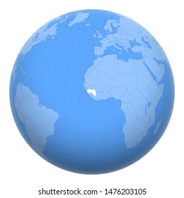 Guinea (Guinea-Conakry) on the globe. Earth centered at the location of the Republic of Guinea. Map of Guinea. Includes layer with capital cities.