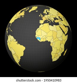 Guinea highlighted in blue on a dark globe with a yellow world map. Satellite world projection centered on Guinea. Neat vector illustration.