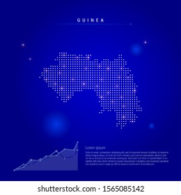 Guinea illuminated map with glowing dots. Infographics elements. Dark blue space background. Vector illustration. Growing chart, lorem ipsum text.