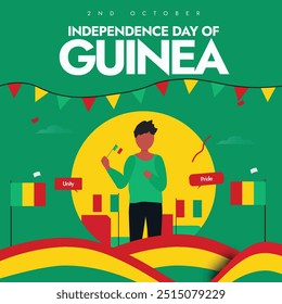 Día de la Independencia de Guinea. 2 de octubre Día de la independencia de Guinea Anuncio de celebración, diseño de poste con un hombre sosteniendo su bandera, Elementos de arte abstracto en color de la bandera . El país obtuvo la libertad de Francia