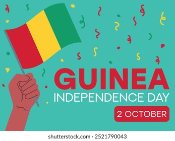 guinea independence day 2 October, guinea flag in hand. Greeting card, poster, banner template	