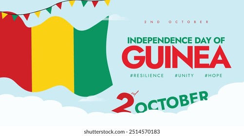 Día de la Independencia de Guinea. 2 de octubre Día de la Independencia de Guinea Anuncio de celebración, página de Web, diseño de post con su bandera. El país obtuvo la libertad de Francia el 2 de octubre de 1958. 