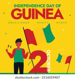 Día de la Independencia de Guinea. 2 de octubre Día de la independencia de Guinea con sus banderas, un hombre sosteniendo sus banderas.  El país ganó el Día de la Independencia de Francia en 1958. 