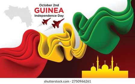Guinea Independence Day Background with Red Yellow Green Ribbon and National Landmarks