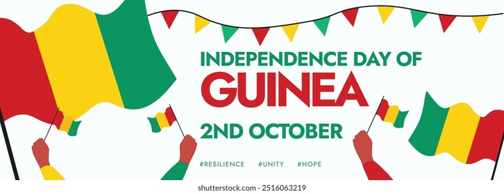 Día de la Independencia de Guinea cubre el Anuncio. Anuncio de celebración de la independencia de Guinea del 2 de octubre, post con sus banderas ondeando, manos sosteniendo banderas. Diseño de Plantilla de Anuncio conceptual Freedom.