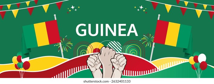 Guinea Independence Day modern greeting banner. 2 October Happy National Day. Festive horizontal background with flag colors, great for carnival poster, tourism campaign, holidays flash sale