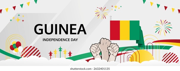 Guinea Independence Day modern greeting banner. 2 October Happy National Day. Festive horizontal background with flag colors, great for carnival poster, tourism campaign, holidays flash sale
