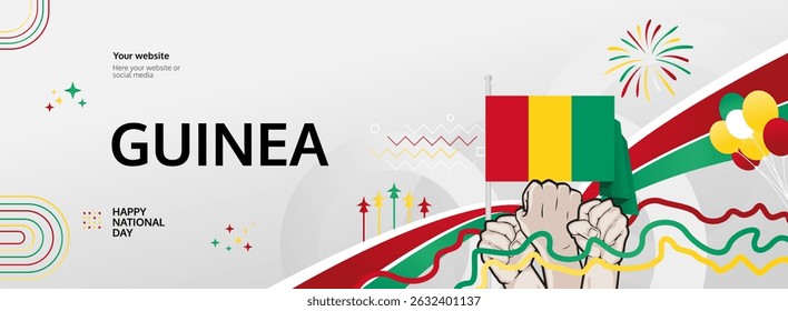 Guinea Independence Day modern greeting banner. 2 October Happy National Day. Festive horizontal background with flag colors, great for carnival poster, tourism campaign, holidays flash sale