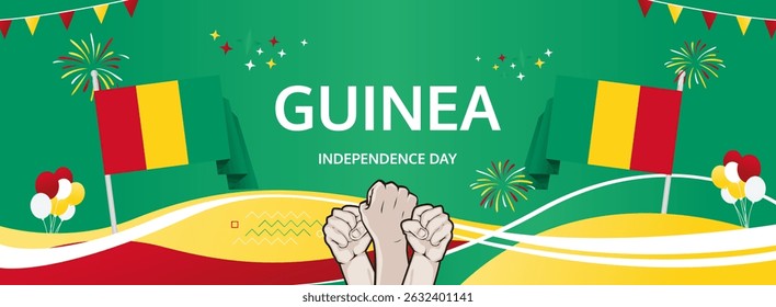 Guinea Independence Day modern greeting banner. 2 October Happy National Day. Festive horizontal background with flag colors, great for carnival poster, tourism campaign, holidays flash sale
