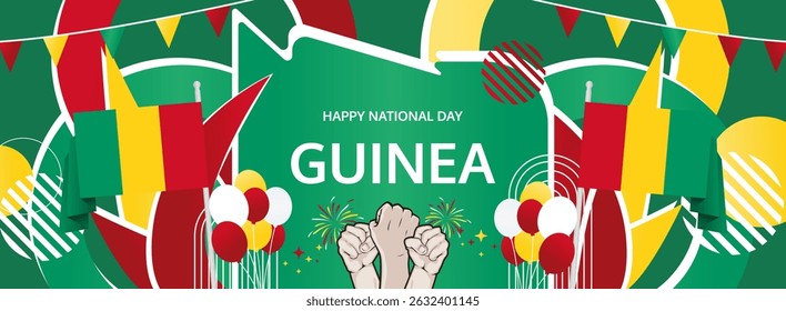 Guinea Independence Day modern greeting banner. 2 October Happy National Day. Festive horizontal background with flag colors, great for carnival poster, tourism campaign, holidays flash sale