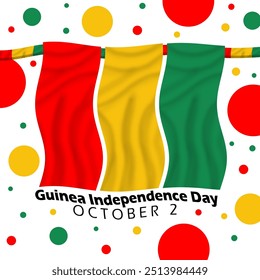 Guinea Independence Day on October 2nd. Guinean flag flying with colorful dots decoration on white background.