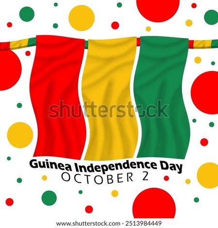Guinea Independence Day on October 2nd. Guinean flag flying with colorful dots decoration on white background.