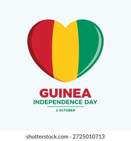 Ilustração vetorial do cartaz do Dia da Independência da Guiné. Bandeira da Guiné em ícone de forma de coração. Símbolo de amor de coração de bandeira guineense. Modelo para plano de fundo, banner, cartão. 2 de outubro. Dia importante