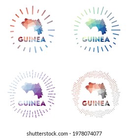 Guinea low poly sunburst set. Logo of country in geometric polygonal style. Vector illustration.