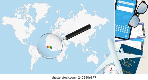 Guinea is magnified over a World Map, illustration with airplane, passport, boarding pass, compass and eyeglasses. Vector illustration.