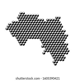 Guinea map from 3D black cubes isometric abstract concept, square pattern, angular geometric shape. Vector illustration.