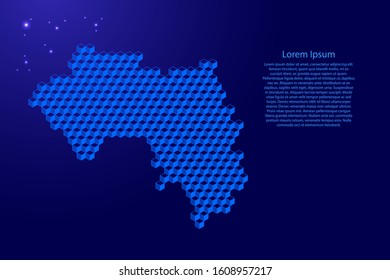 Guinea map from 3D classic blue color cubes isometric abstract concept, square pattern, angular geometric shape, glowing stars. Vector illustration.