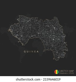 Guinea map abstract geometric mesh polygonal light concept with black and white glowing contour lines countries and dots on dark background. Vector illustration.