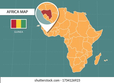 Guinea map in  Africa zoom version, icons showing Guinea location and flags.