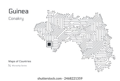 Guinea Map with a capital of Conakry Shown in a Microchip Pattern with processor. E-government. World Countries vector maps. Microchip Series	
