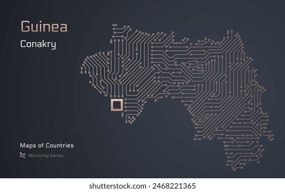 Mapa de Guinea con la capital de Conakry en un patrón de microchip con procesador. Gobierno electrónico. Mapas de Vector de Países Mundiales. Serie de microchips	
