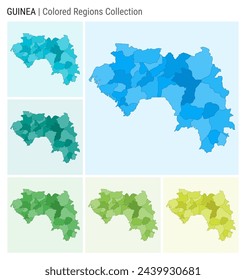 Guinea map collection. Country shape with colored regions. Light Blue, Cyan, Teal, Green, Light Green, Lime color palettes. Border of Guinea with provinces for your infographic. Vector illustration.