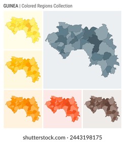 Guinea map collection. Country shape with colored regions. Blue, Grey, Yellow, Amber, Orange, Deep Orange, Brown color palettes. Border of Guinea with provinces for your infographic.