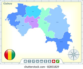 Guinea Map with Flag Buttons and Assistance & Activates Icons Original Illustration