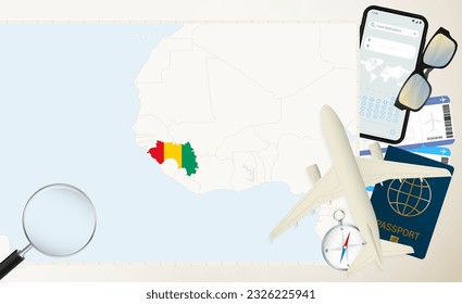 Guinea map and flag, cargo plane on the detailed map of Guinea with flag, passport, magnifying glass and airplane. Vector template.