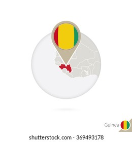 Guinea map and flag in circle. Map of Guinea, Guinea flag pin. Map of Guinea in the style of the globe. Vector Illustration.