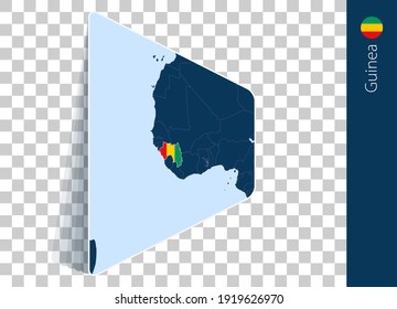 Guinea map and flag on transparent background. Highlighted Guinea on blue vector map.