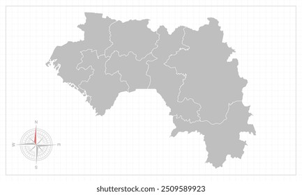 Guinea map with grey style and compas element.