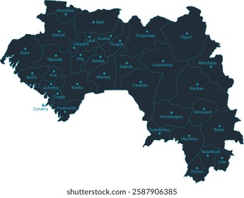 Guinea map high detailed with administrative divide by state, capital cities names, outline simplicity style. Vector illustration EPS10.