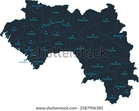 Guinea map high detailed with administrative divide by state, capital cities names, outline simplicity style. Vector illustration EPS10.