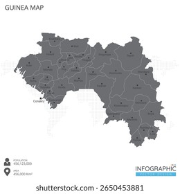 Mapa de Guiné altamente detalhado com regiões e cidades do país sobre fundo branco. Ilustração vetorial EPS10.
