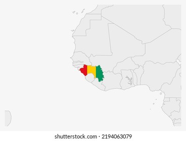 Guinea map highlighted in Guinea flag colors, gray map with neighboring countries.