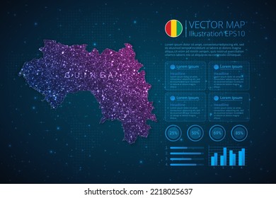 Plantilla de infografía de mapas de Guinea para diagrama, gráfico, presentación y gráfico con concepto de malla geométrica abstracta de luz poligonal sobre fondo azul. EPS10 de ilustración vectorial.