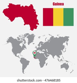 Guinea map on a world map with flag and map pointer. Vector illustration