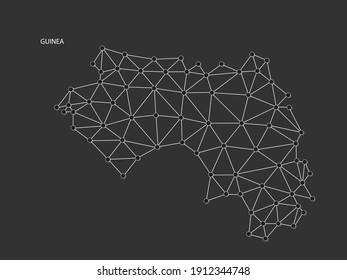 Guinea Map Point scales on black background. Wire frame polygonal network white line, dot and shadow dot.