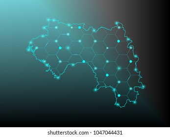 Guinea map of polygonal mosaic lines network, Rays and space stars, Abstract Polygon Map. Low Poly Color Rainbow. Vector Illustration EPS10.