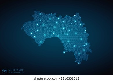 Guinea map radial dotted pattern in futuristic style, design blue circle glowing outline made of stars. concept of communication on dark blue background. Vector EPS10