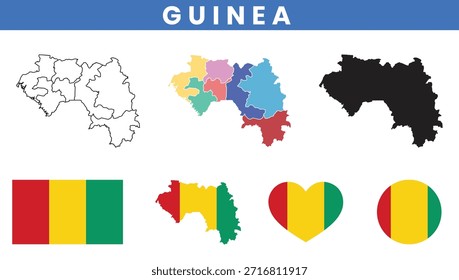 Mapa de Guinea con la silueta del contorno de las regiones y los iconos de la bandera nacional