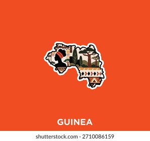 A Guinea map sticker filled with African tribal patterns and expressive cultural imagery. Great for branding, travel visuals, merchandise, and artistic projects.	