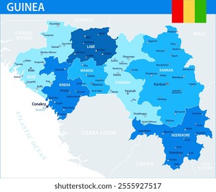 Guinea Map Vector Blue Spot - Customizable layered political map of Guinea with administrative divisions for website, education, reports, news, politics, print, poster and wallpaper